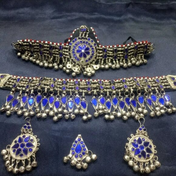 Afghan Blue Glass Stones Jewelry Set, Four Piece Kuchi Afghan Jewelry Set - Picture 4 of 7